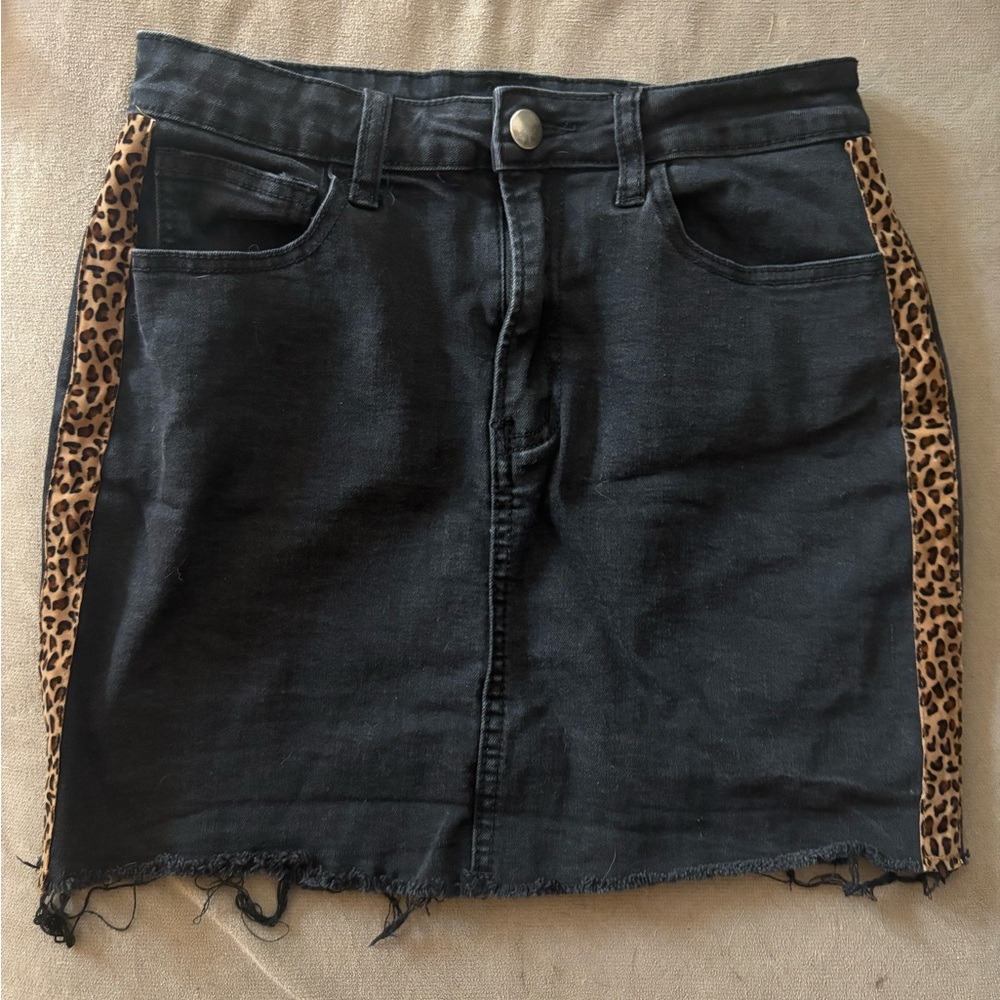 Forever 21 Black Denim Mini Skirt with Leopard Side Strips